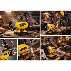 Touret à meuler Ponceuse STANLEY 330W Diam150mm + Bande abrasive 5x69cm Grain 36/60 Meulage Polissage Ponçage