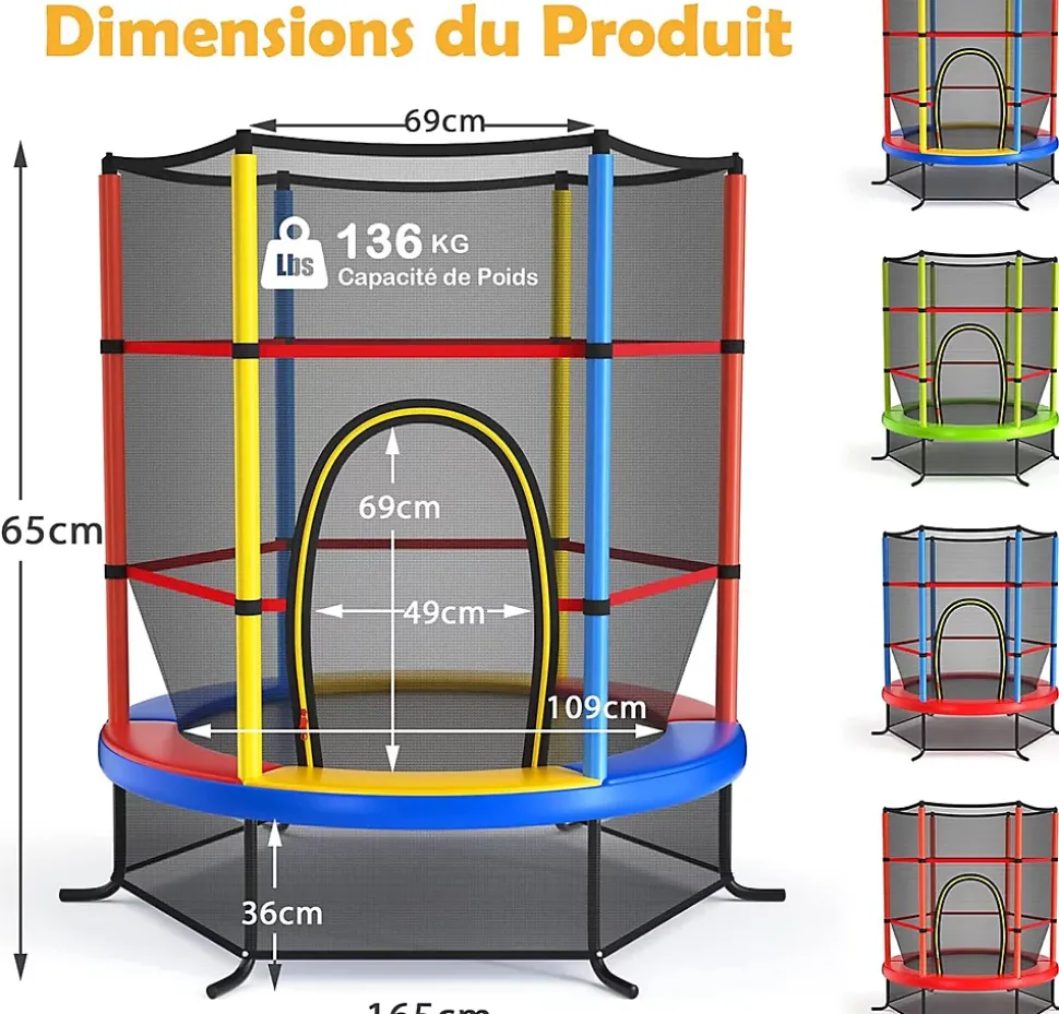 Trampoline Enfant 165cm Cadre en Acier Trampoline Extérieur et Intérieur avec Filet de Sécurité Multicolore