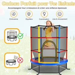 Trampoline Enfant 165cm Cadre en Acier Trampoline Extérieur et Intérieur avec Filet de Sécurité Multicolore