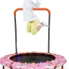 Trampoline Enfants 92 CM Lumières LED Cadre en Acier Poignée de Sécurité Amovible pour Enfants Rose