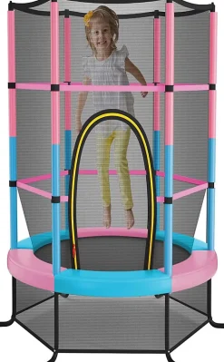 Trampoline Extérieur Enfant 165cm, Cadre en Acier,avec Filet de Sécurité, Charge Maximum 45KG (Rose+Bleu,Hauteur 191cm)