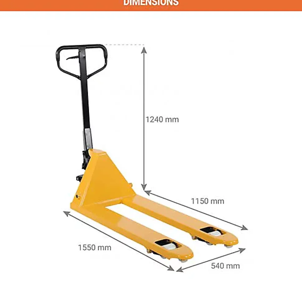 Transpalette manuel jaune avec roues et galets polyamide - Fourches 1150x540mm - Capacité 2,5 tonnes - Caoutchouc sur timon -