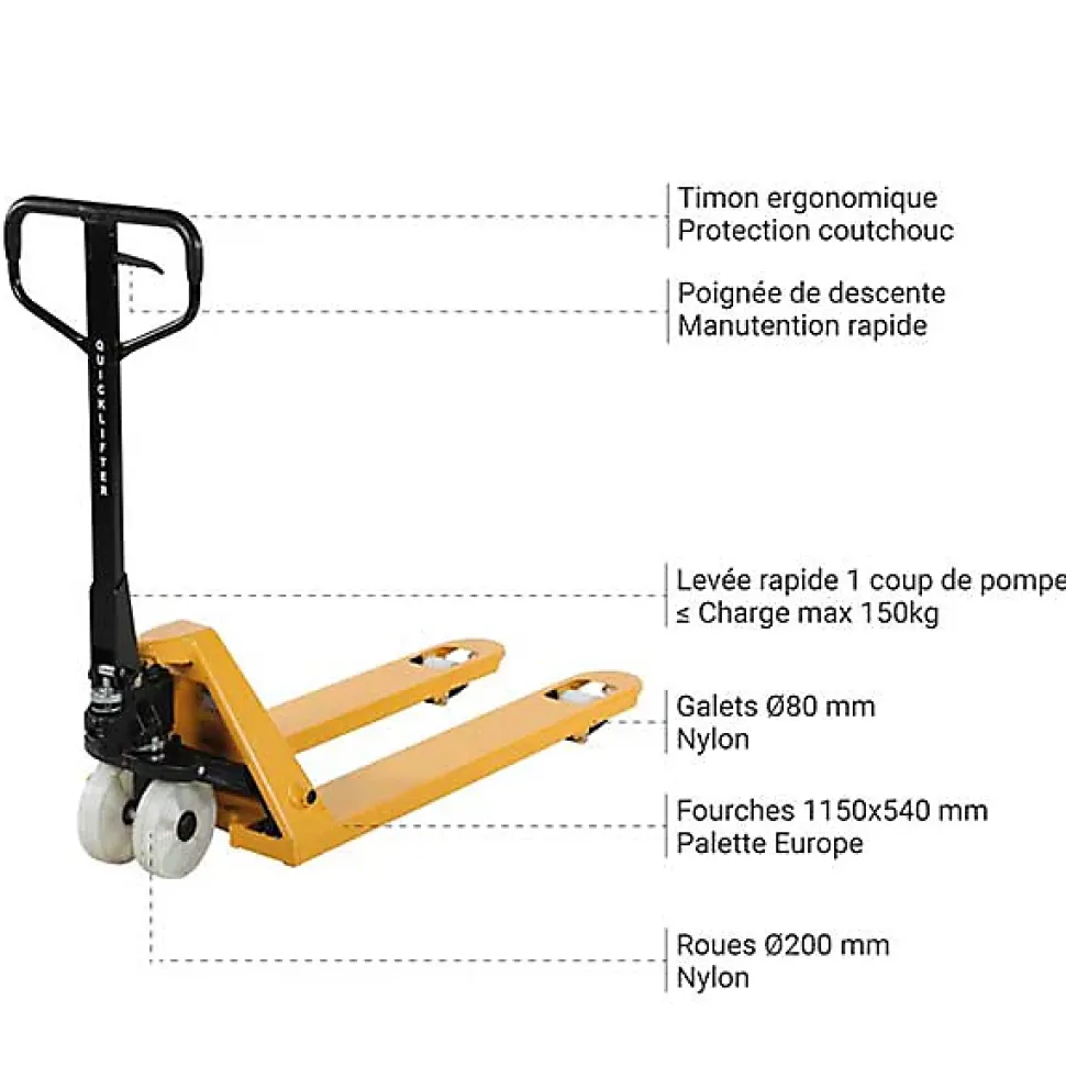 Transpalette manuel jaune avec roues et galets polyamide - Fourches 1150x540mm - Capacité 2,5 tonnes - Caoutchouc sur timon -
