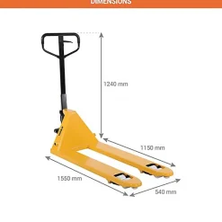 Transpalette manuel jaune avec roues et boggies polyamide - Fourches 1150x540mm - Capacité 2,5 tonnes - Caoutchouc sur timon -