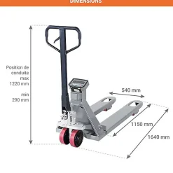Transpalette peseur gris 2T - Fourches 1150x540mm - Affichage par tranche de 500g - TGA420UVM1M