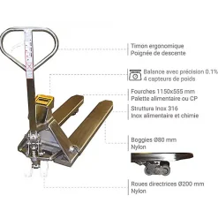 Transpalette peseur inox 316 - Fourches 1150x555mm - Charge 2000kg - Agroalimenatire et industrie chimique, pharmaceutique -