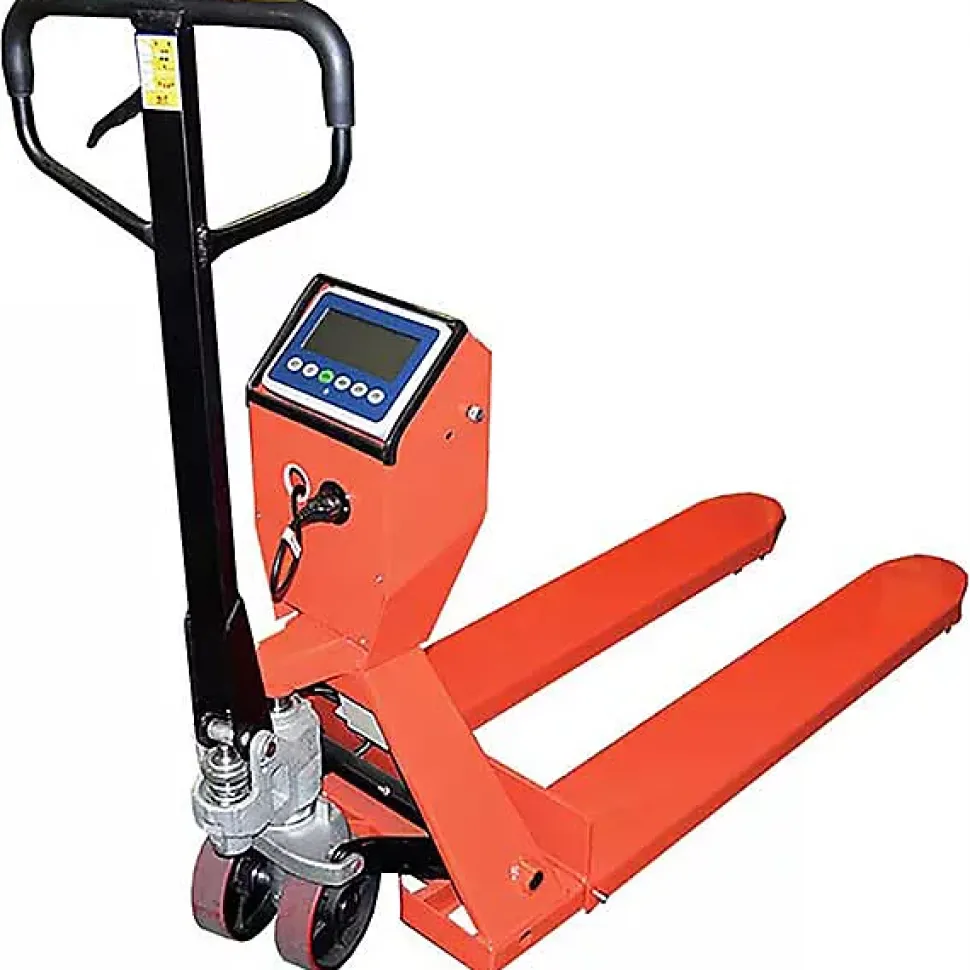 Transpalette peseur rouge haute précision - Fourches 1150x540mm - Affichage par tranche de 100g - Charge max 2000kg -