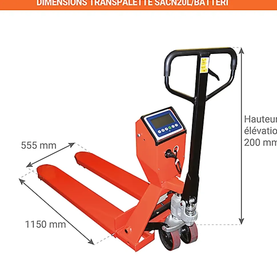 Transpalette peseur rouge haute précision - Fourches 1150x540mm - Affichage par tranche de 100g - Charge max 2000kg -