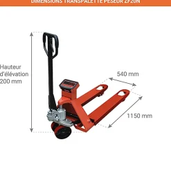 Transpalette peseur rouge 2T - Fourches 1150x540mm - Affichage par tranche de 500g - ZF20N