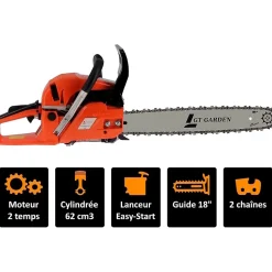 Tronçonneuse thermique 62 cm3, 3.5 CV, guide 45 cm, 2 chaînes - GT GARDEN