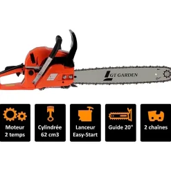 Tronçonneuse thermique 62 cm3, 3.5 CV, guide 50 cm, 2 chaînes - GT GARDEN