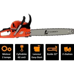 Tronçonneuse thermique 62 cm3, 3.5 CV, guide 55 cm, 2 chaînes - GT GARDEN