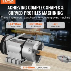 Tête de division, mandrin 3 mâchoires K11-100 mm, diviseur fraiseuse CNC 4ème axe.