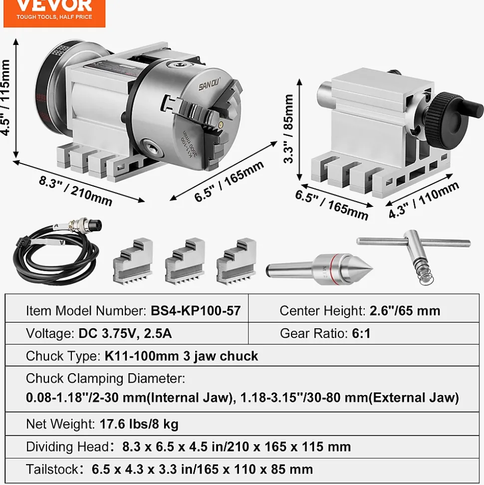 Tête de division, mandrin 3 mâchoires K11-100 mm, diviseur fraiseuse CNC 4ème axe.