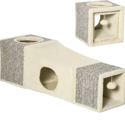Tunnel grattoir niche modulable pour chat 3 en 1 - jeu balle suspendue - 4 entrées - peluche beige sisal grège