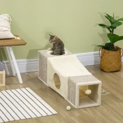 Tunnel grattoir niche modulable pour chat 3 en 1 - jeu balle suspendue - 4 entrées - peluche beige sisal grège