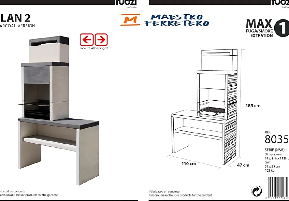 TUOZI - Barbecue fixe pour charbon modèle PLAN 2 (Gris/Blanc - 110x47x192cm) REF: 8035 - Large surface de cuisson extérieure
