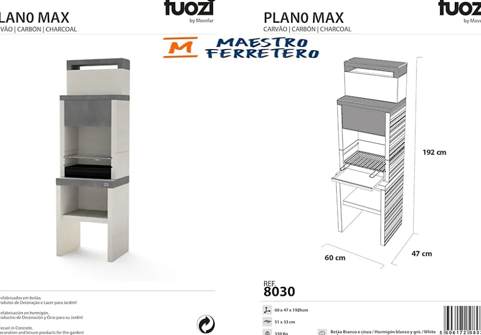 TUOZI - Barbecue fixe pour charbon modèle PLAN 0 MAx(Gris/Blanc - 59x47x192cm) REF: 8030 - Idéal pour grands repas