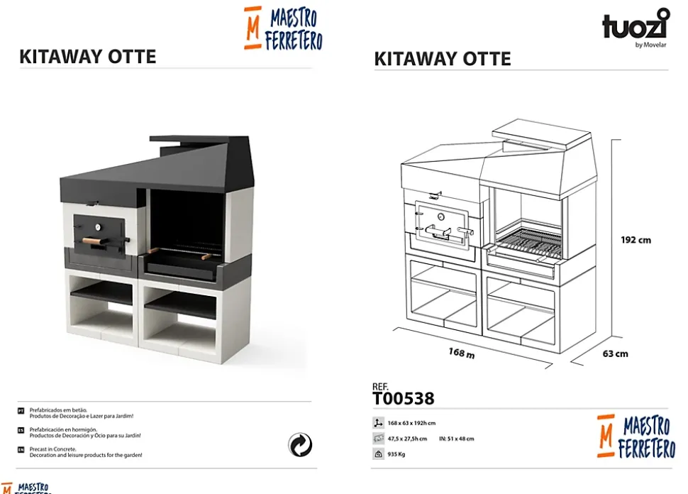 TUOZI - Cuisine Extérieure Kitaway Otte Barbecue + Four - 168 x 63 x 192 cm. Barbecue en Pierre avec Four à Bois pour Jardin