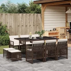 vidaXL Ensemble à manger de jardin et coussins 11 pcs marron rotin, ensemble à manger d'extérieur, meuble à manger de 3210789