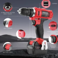 Visseuse à batterie 21 V, 2 vitesses, perceuse à piles, 2 batteries au lithium 1,5 Ah