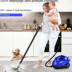 2000W Nettoyeur Vapeur Electrique Pression 4 Bar Volume de Vapeur Reglable avec Verrouillage Enfant Canape Tapis Bleu