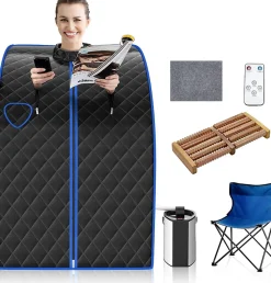 1000W Sauna à Vapeur Portable 3L Sauna Cabine Pliable avec Chaise Température Réglable à 64 degrés 9 Minuterie Réglable Noir