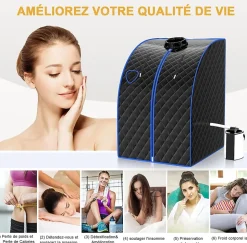 1000W Sauna à Vapeur Portable 3L Sauna Cabine Pliable avec Chaise Température Réglable à 64 degrés 9 Minuterie Réglable Noir