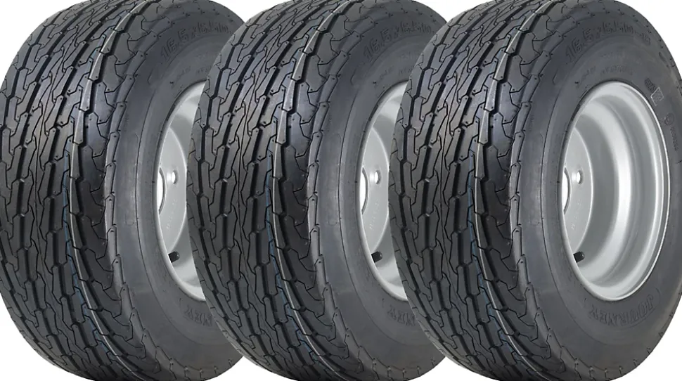 16.5x6.50-8 Trailer Tyres Wheel Assembly 4 Inch PCD Road Legal 355kgs (Set of 3)